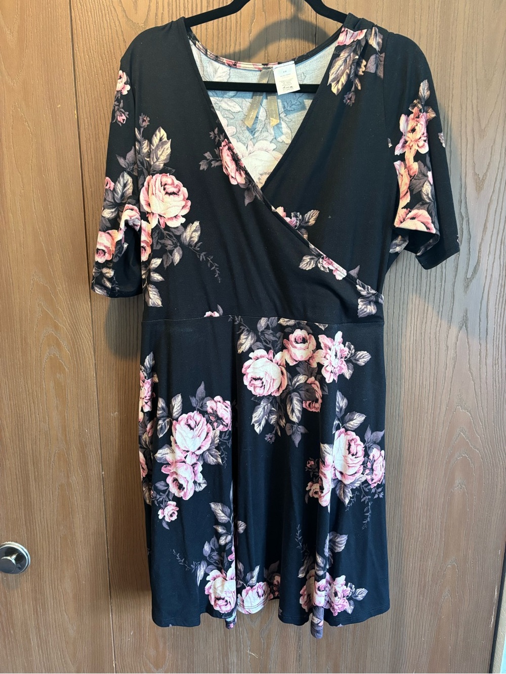 Dia & Co Black Floral Wrap Dress with Pink Roses